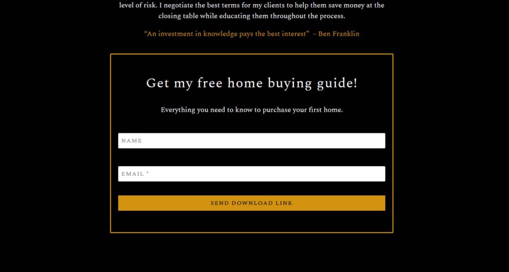 This website's Call to Action is a prompt to download a home buying guide created by a real estate agent.